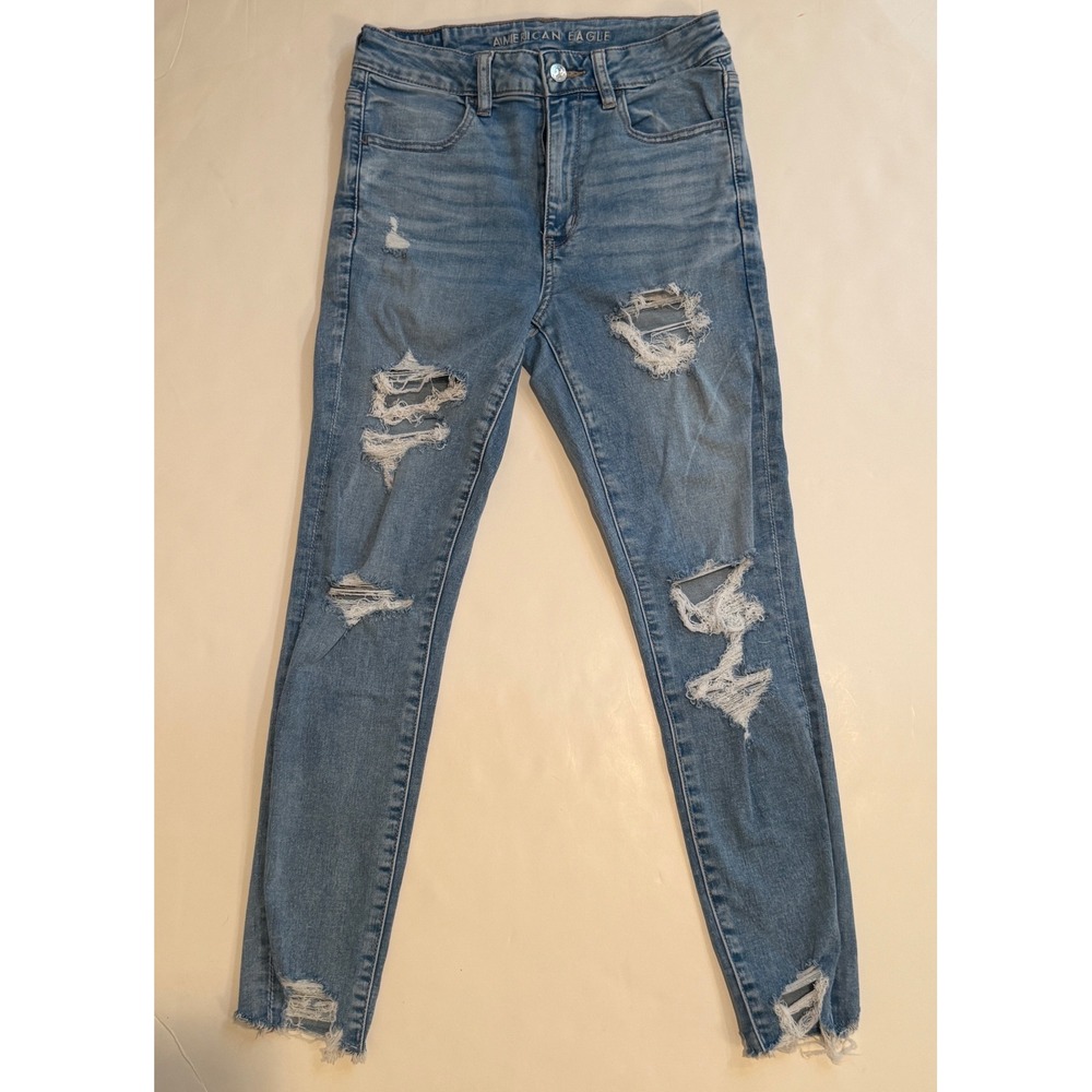 American Eagle Next Level Stretch Distressed Skinny Jeans Blue 6 Short Raw Hem